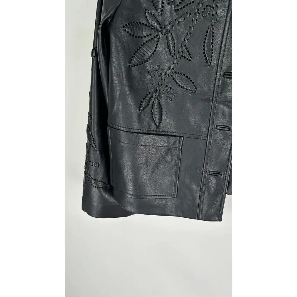 Chicos Womens Black Cutwork Faux Leather Jacket Size 8 Chicos 1 New Long Sleeve